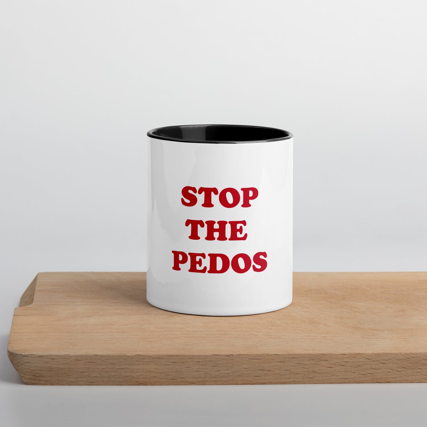 STOP THE PEDOS White Mug, Black accents